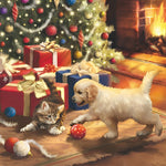 Kitten and puppy playing with baubles cross stitch kit for beginners