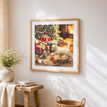 Kitten and puppy playing with baubles cross stitch artwork displayed on wall as home decor