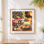 Finished kitten and puppy playing with baubles paint by numbers artwork displayed as home decor