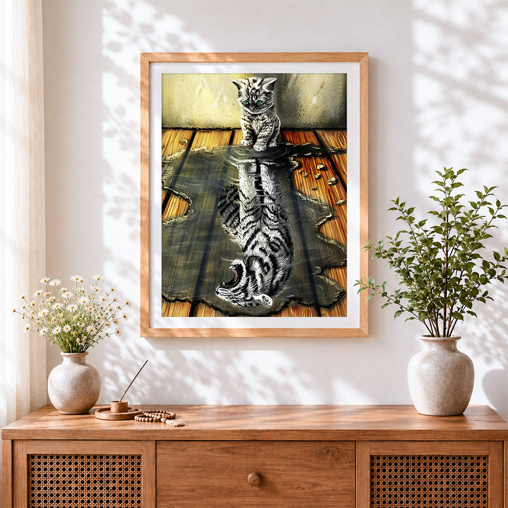 Finished kitten and tiger reflection cross stitch artwork displayed