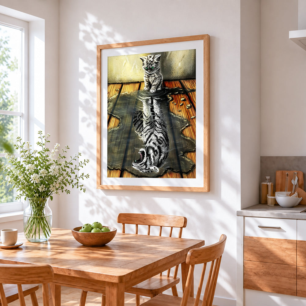 Kitten and tiger reflection cross stitch artwork displayed on wall as home decor