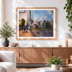 Finished kitten and white tiger high five paint by numbers artwork displayed as home decor