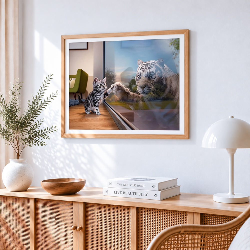 Kitten and white tiger high five paint by numbers artwork displayed on wall as home decor