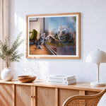Kitten and white tiger high five paint by numbers artwork displayed on wall as home decor