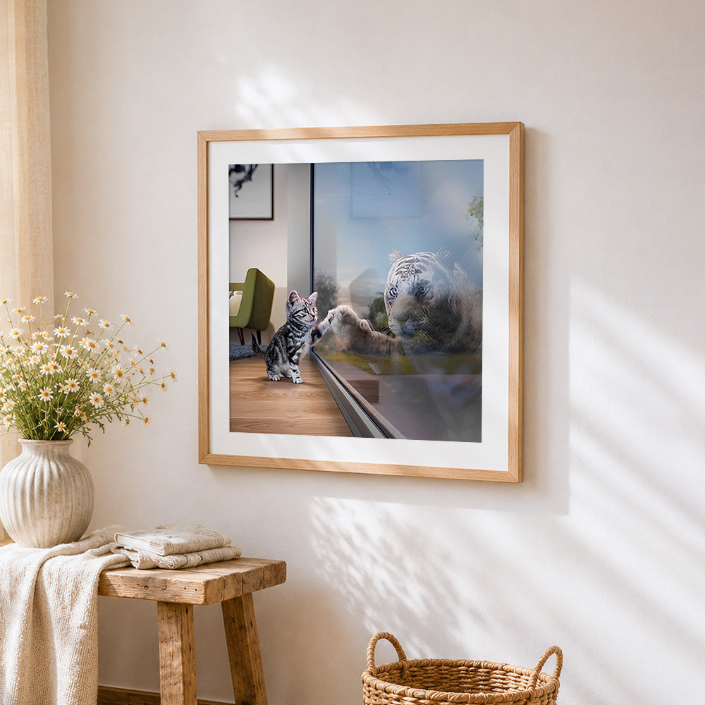 Kitten and white tiger touching glass cross stitch artwork displayed on wall as home decor