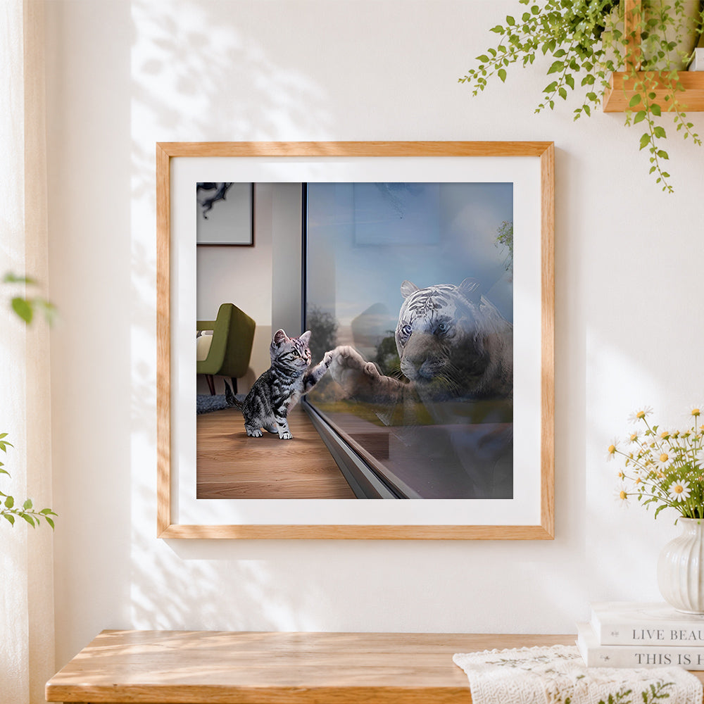 Finished kitten and white tiger touching glass paint by numbers artwork displayed as home decor