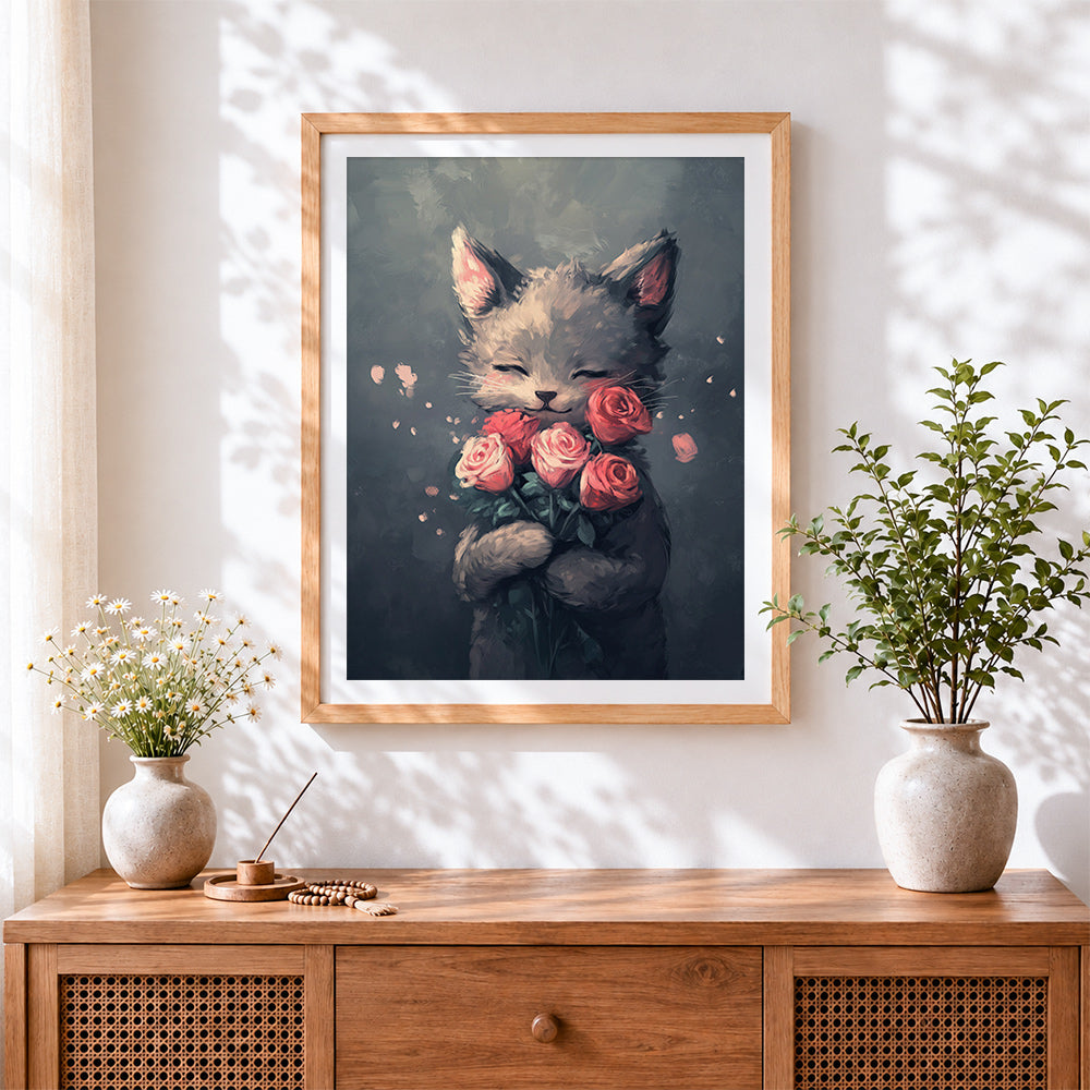 Finished kitten hugging pink roses cross stitch artwork displayed