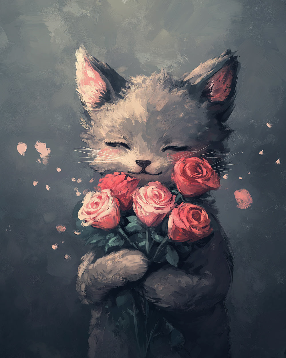 Kitten hugging pink roses cross stitch kit for beginners