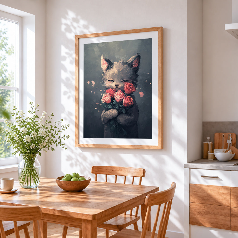 Kitten hugging pink roses cross stitch artwork displayed on wall as home decor