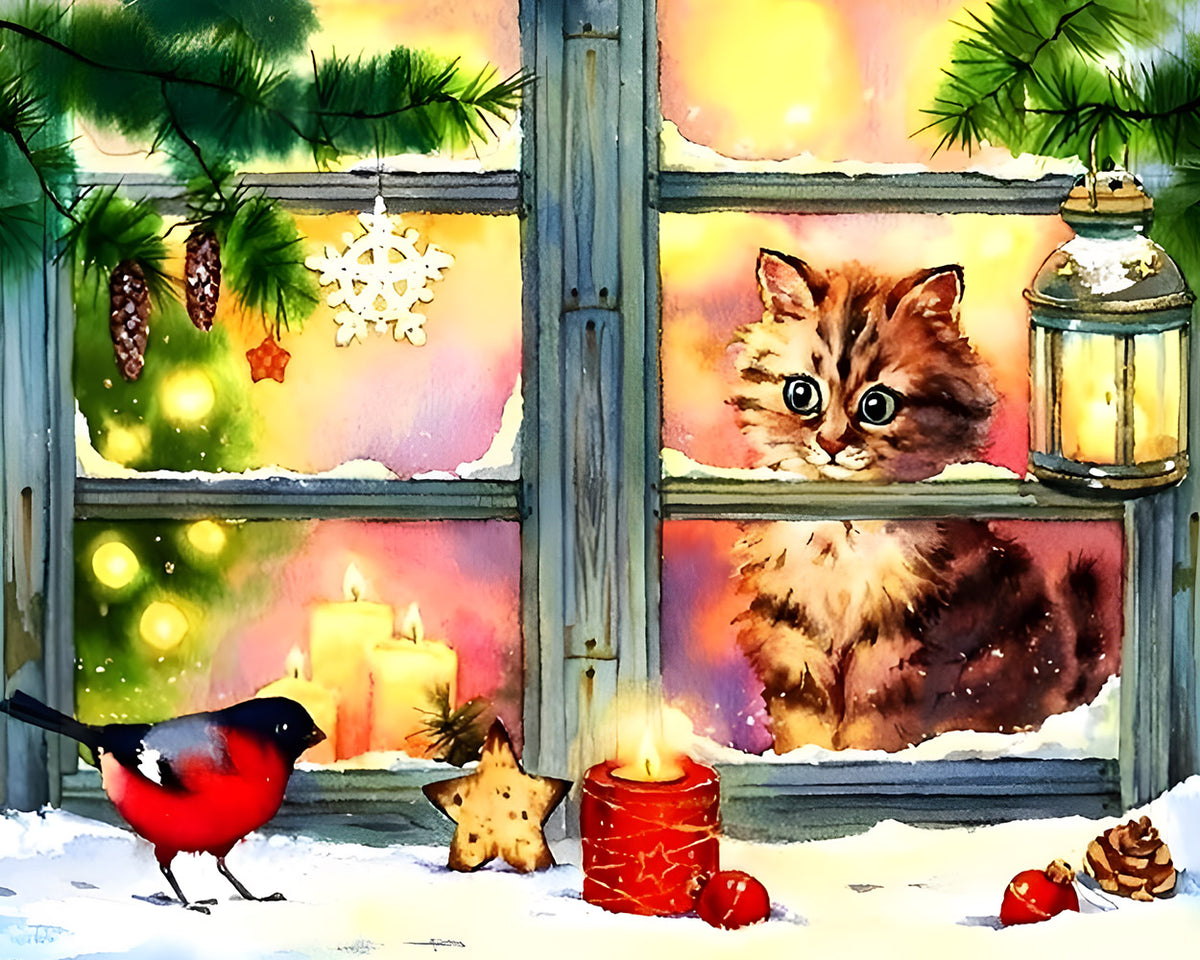 Kitten in a snowy window with robin cross stitch kit for beginners
