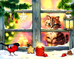 Kitten in a snowy window with robin cross stitch kit for beginners