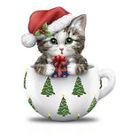 Kitten in a teacup with santa hat cross stitch kit for beginners