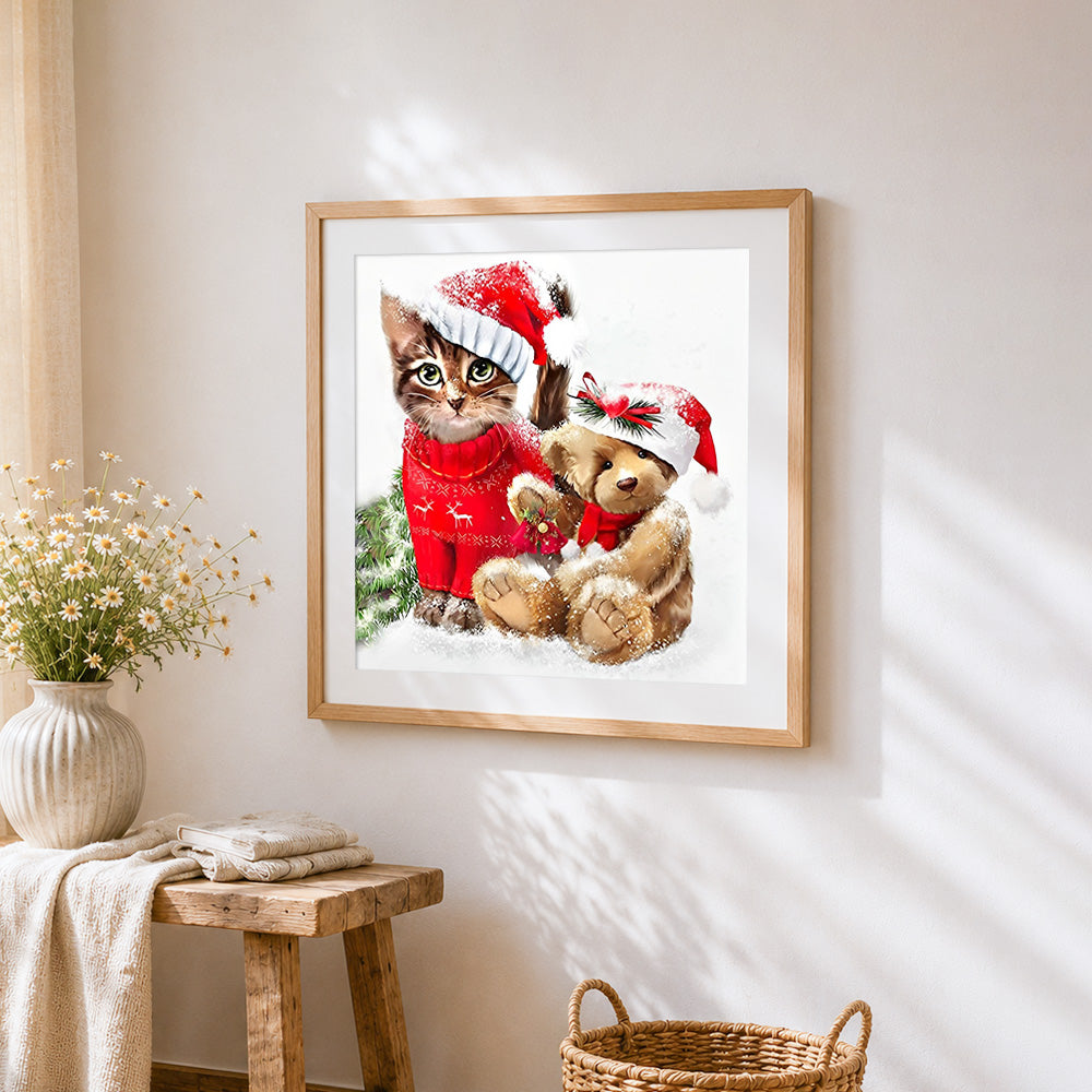 Kitten in christmas jumper and bear paint by numbers artwork displayed on wall as home decor