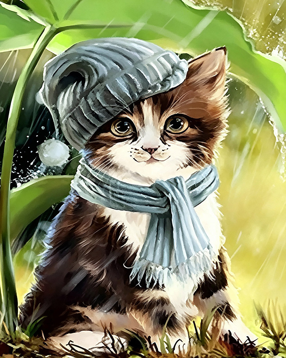 Kitten in winter hat and scarf cross stitch kit for beginners