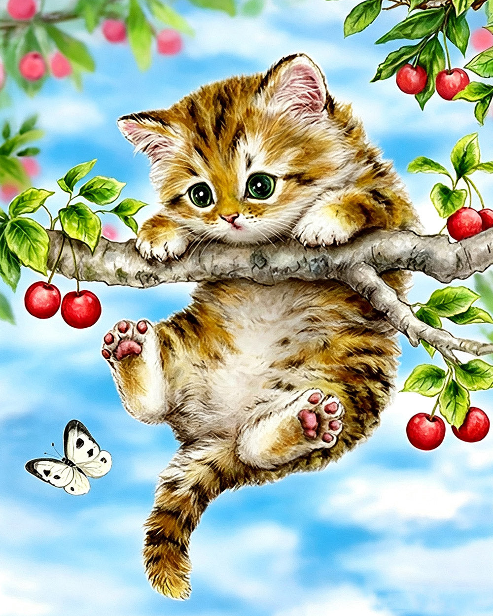 Kitten on cherry tree cross stitch kit for beginners