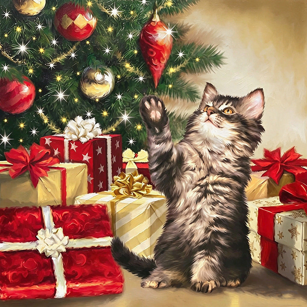Kitten playing with christmas bauble cross stitch kit for beginners