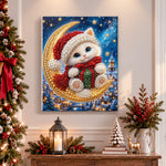 Finished kitten sitting on crescent moon pearl diamond painting artwork displayed as holiday home decor