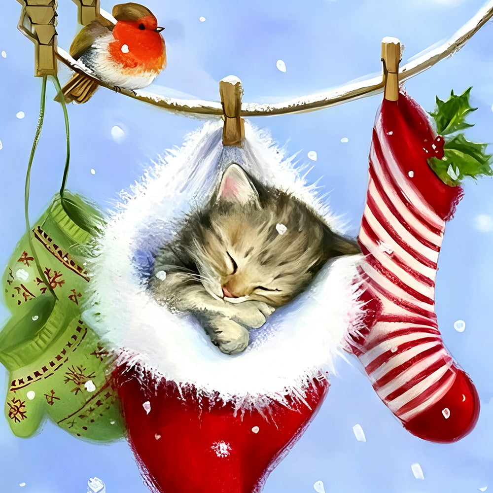 Kitten sleeping in christmas stocking cross stitch kit for beginners