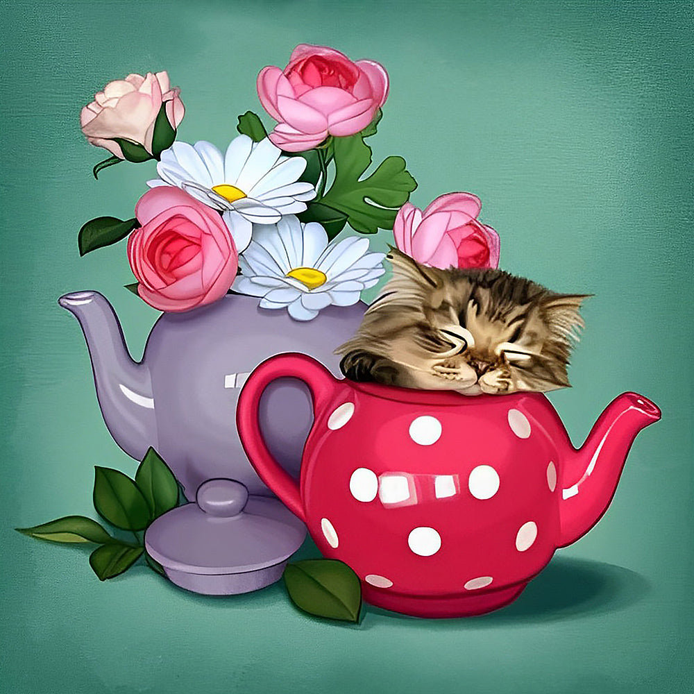 Kitten sleeping in teapot cross stitch kit for beginners