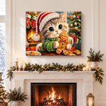 Finished kitten with gingerbread cookie pearl diamond painting artwork displayed as holiday home decor