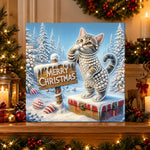 Finished kitten with merry christmas sign pearl diamond painting artwork displayed as holiday home decor