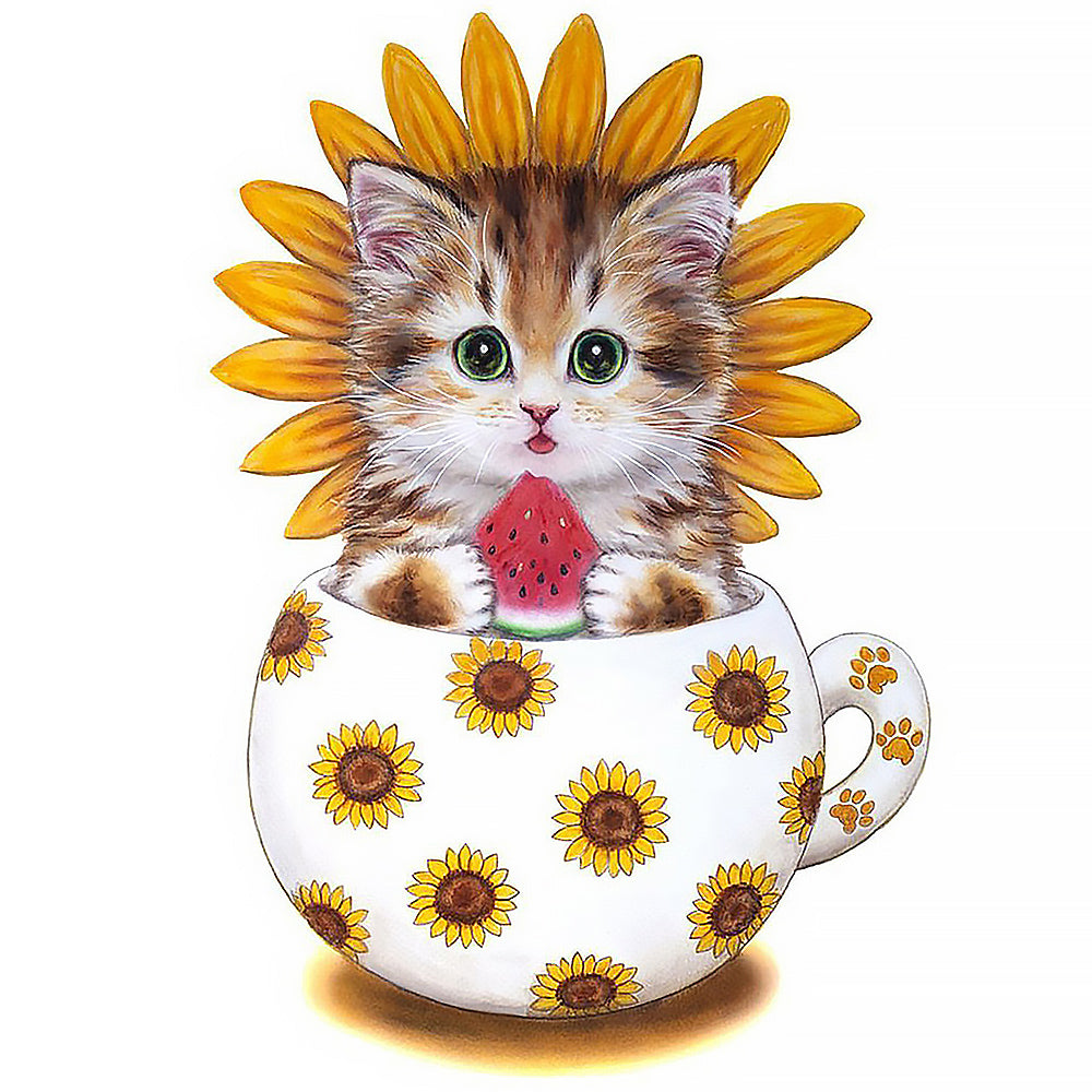 Kitten with sunflower and watermelon cross stitch kit for beginners