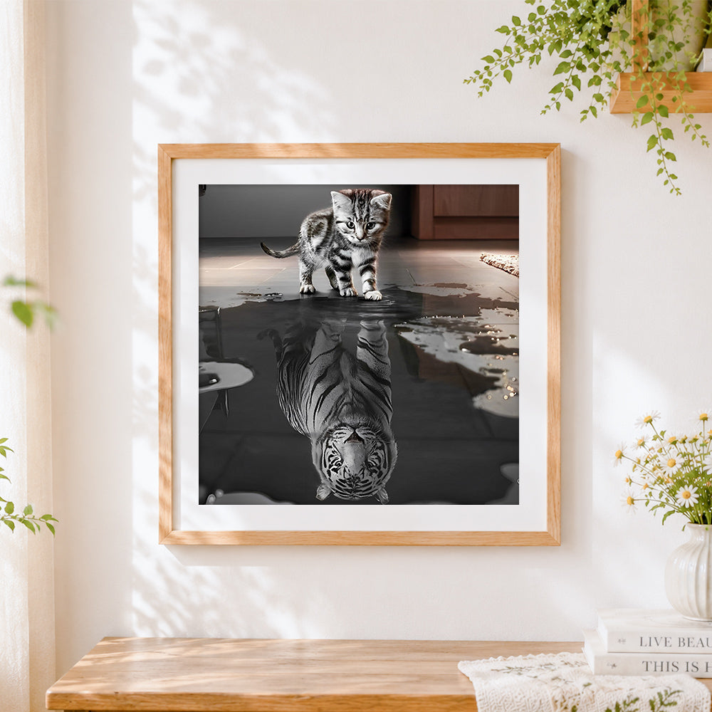 Finished kitten with tiger reflection in water cross stitch artwork displayed