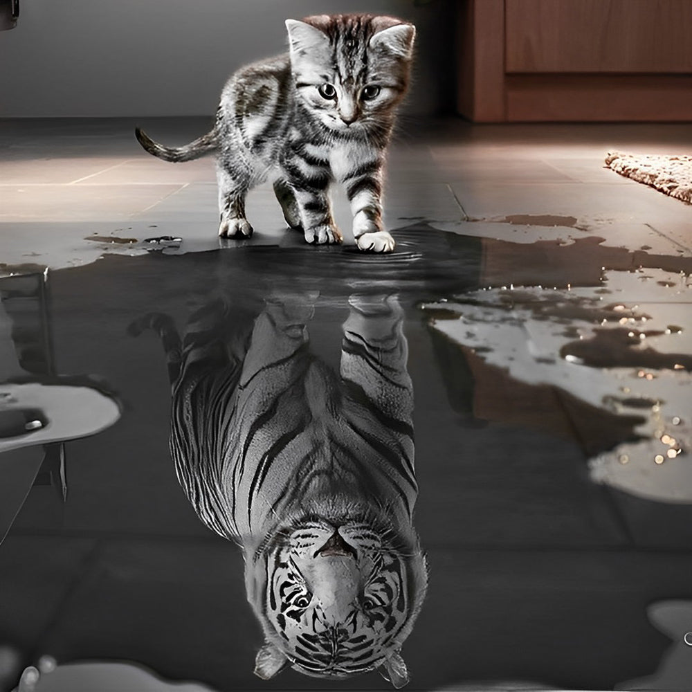 Kitten with tiger reflection in water cross stitch kit for beginners