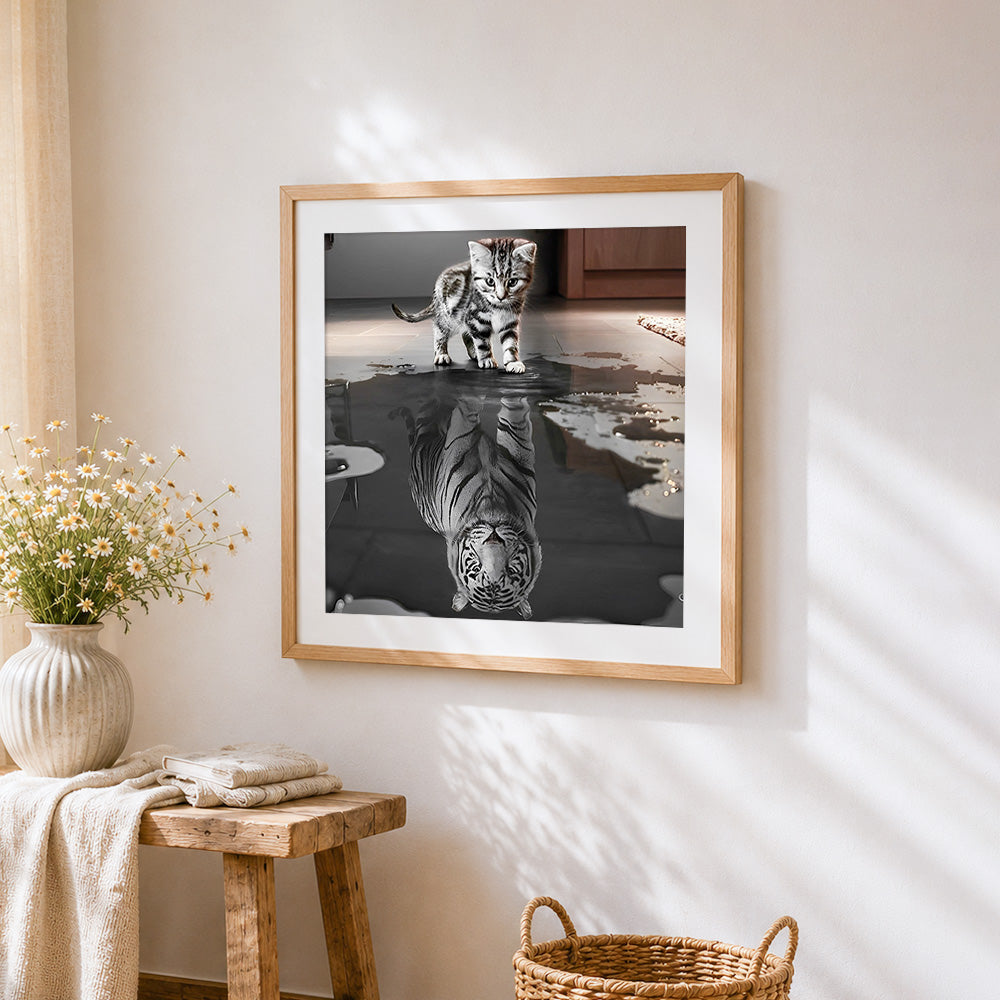 Kitten with tiger reflection in water paint by numbers artwork displayed on wall as home decor
