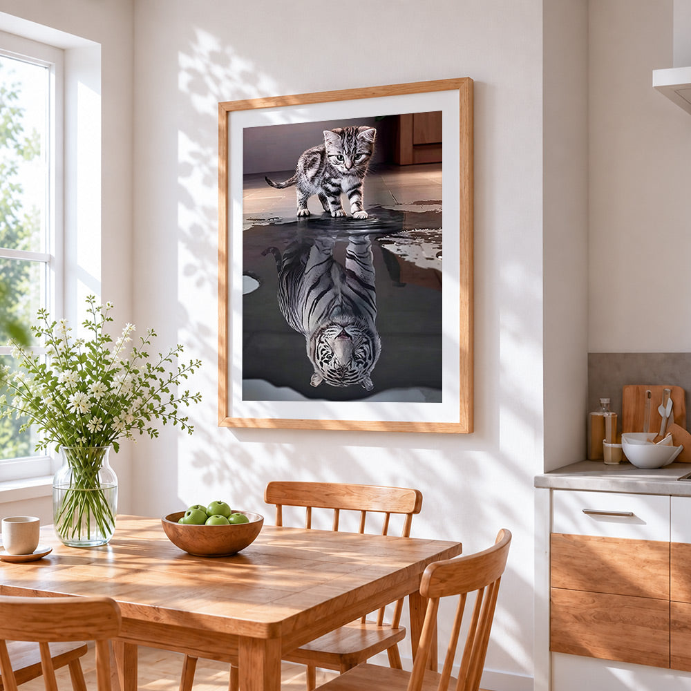 Kitten with tiger reflection paint by numbers artwork displayed on wall as home decor