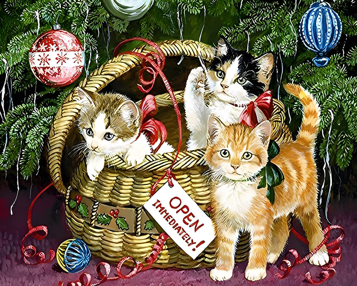 Kittens in a basket by the christmas tree cross stitch kit for beginners