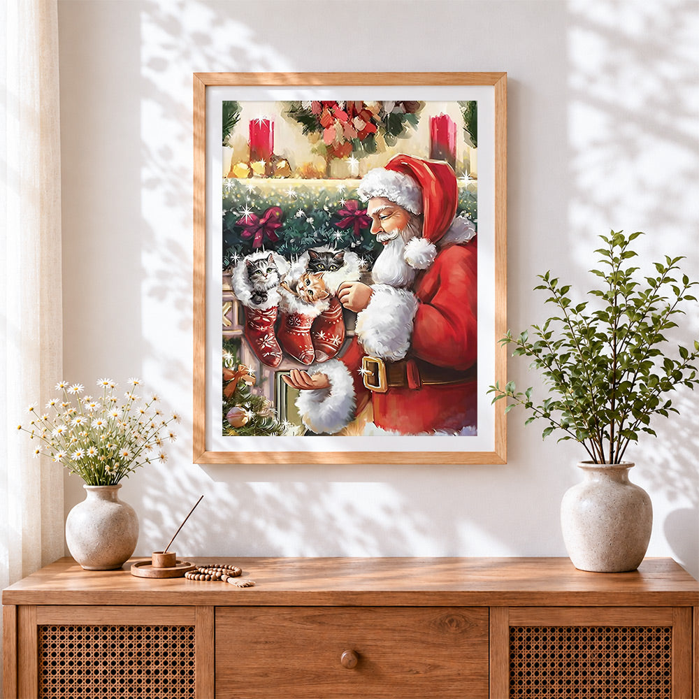 Finished kittens in christmas stockings cross stitch artwork displayed