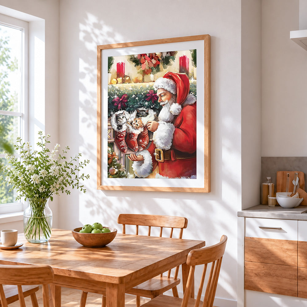 Kittens in christmas stockings cross stitch artwork displayed on wall as home decor