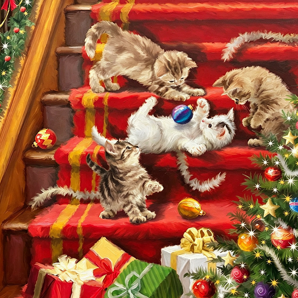 Kittens playing on red stairs paint by numbers kit for beginners
