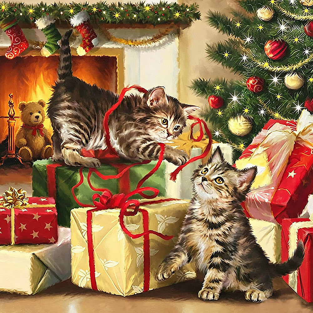 Kittens playing with gifts by the tree cross stitch kit for beginners