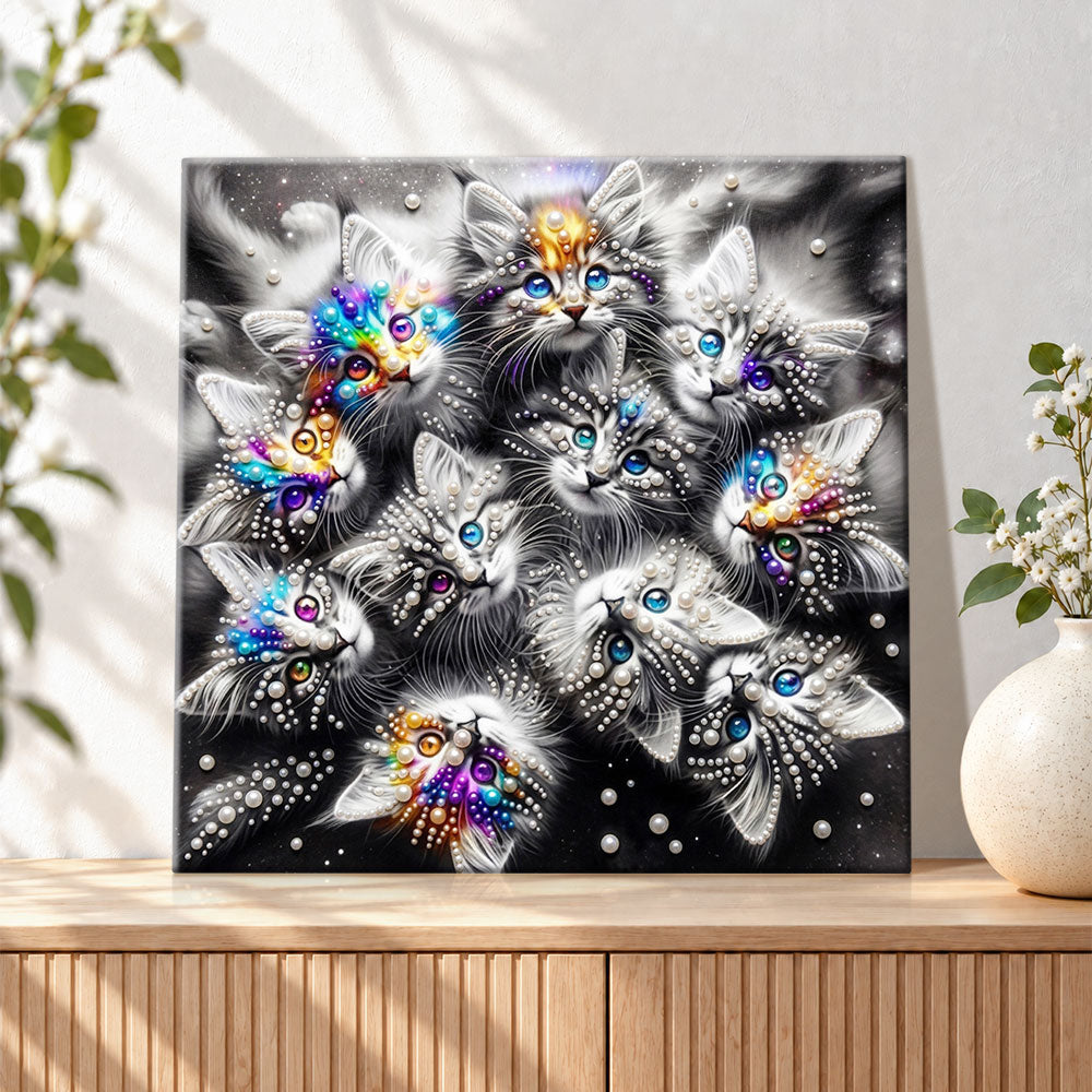 Finished kittens with rainbow sparkling eyes pearl diamond painting artwork displayed as holiday home decor