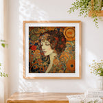 Finished klimt inspired portrait cross stitch artwork displayed