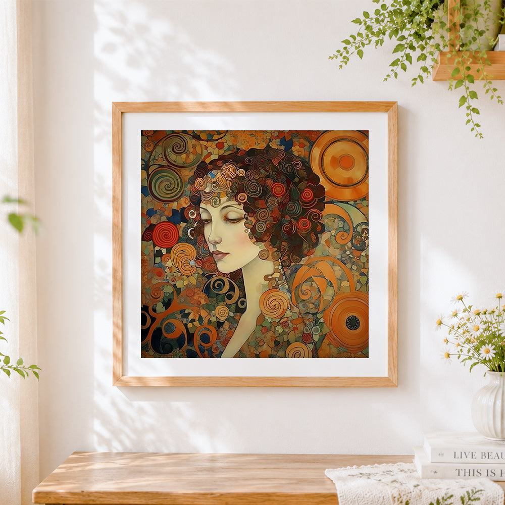 Finished klimt inspired portrait cross stitch artwork displayed