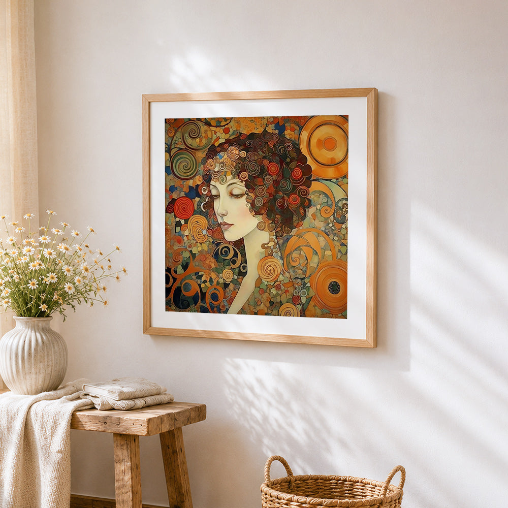 Klimt inspired portrait cross stitch artwork displayed on wall as home decor