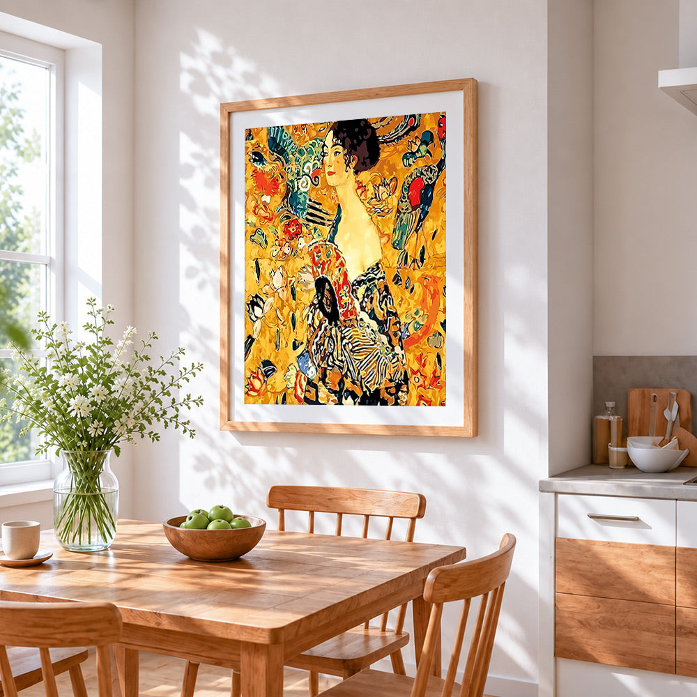 Klimt style floral portrait cross stitch artwork displayed on wall as home decor