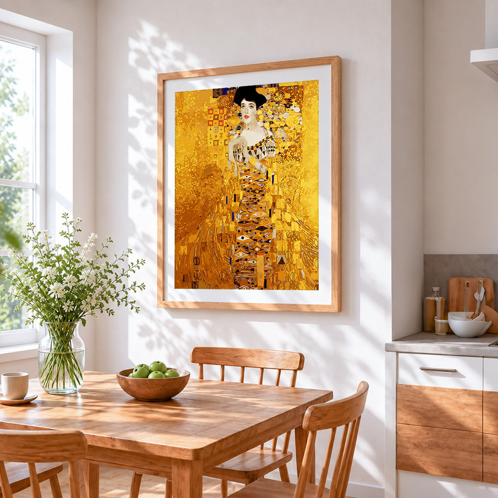 Klimt style golden portrait cross stitch artwork displayed on wall as home decor