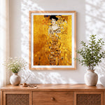 Finished klimt style golden portrait paint by numbers artwork displayed as home decor