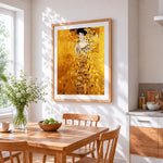 Klimt style golden portrait paint by numbers artwork displayed on wall as home decor