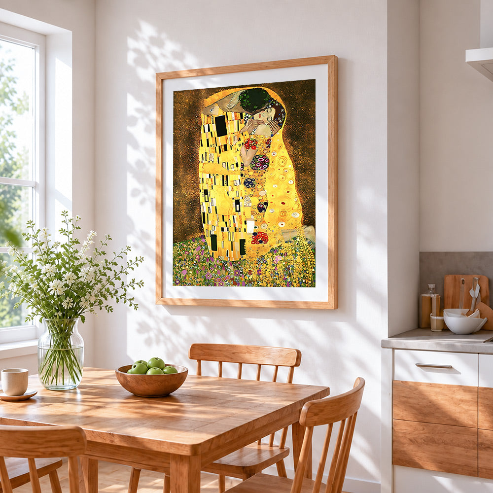 Klimt style the kiss cross stitch artwork displayed on wall as home decor