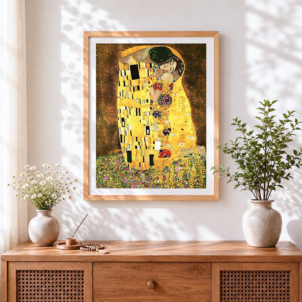 Finished klimt style the kiss paint by numbers artwork displayed as home decor