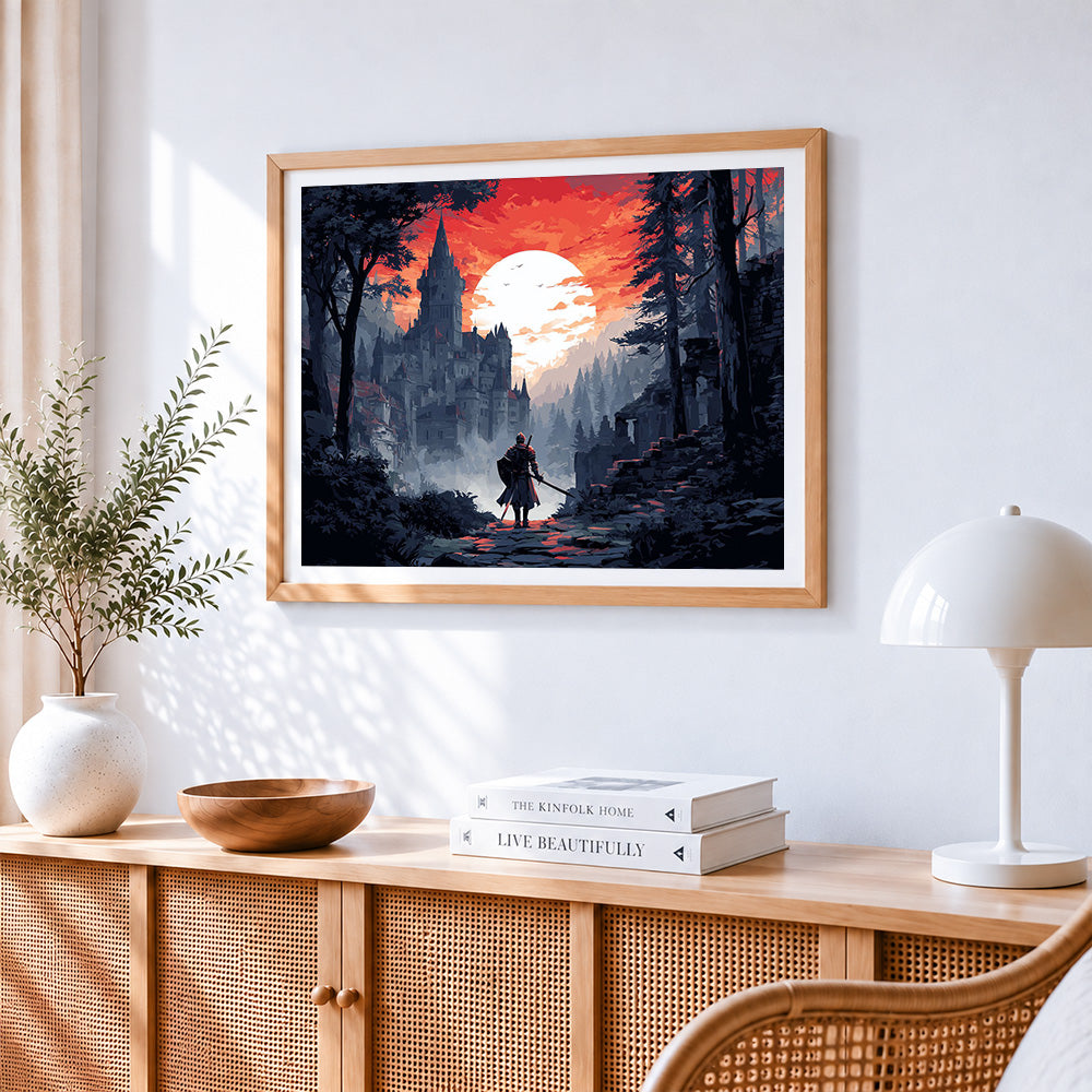 Knight facing a majestic castle at sunset cross stitch artwork displayed on wall as home decor