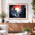 Finished knight facing a majestic castle at sunset paint by numbers artwork displayed as home decor