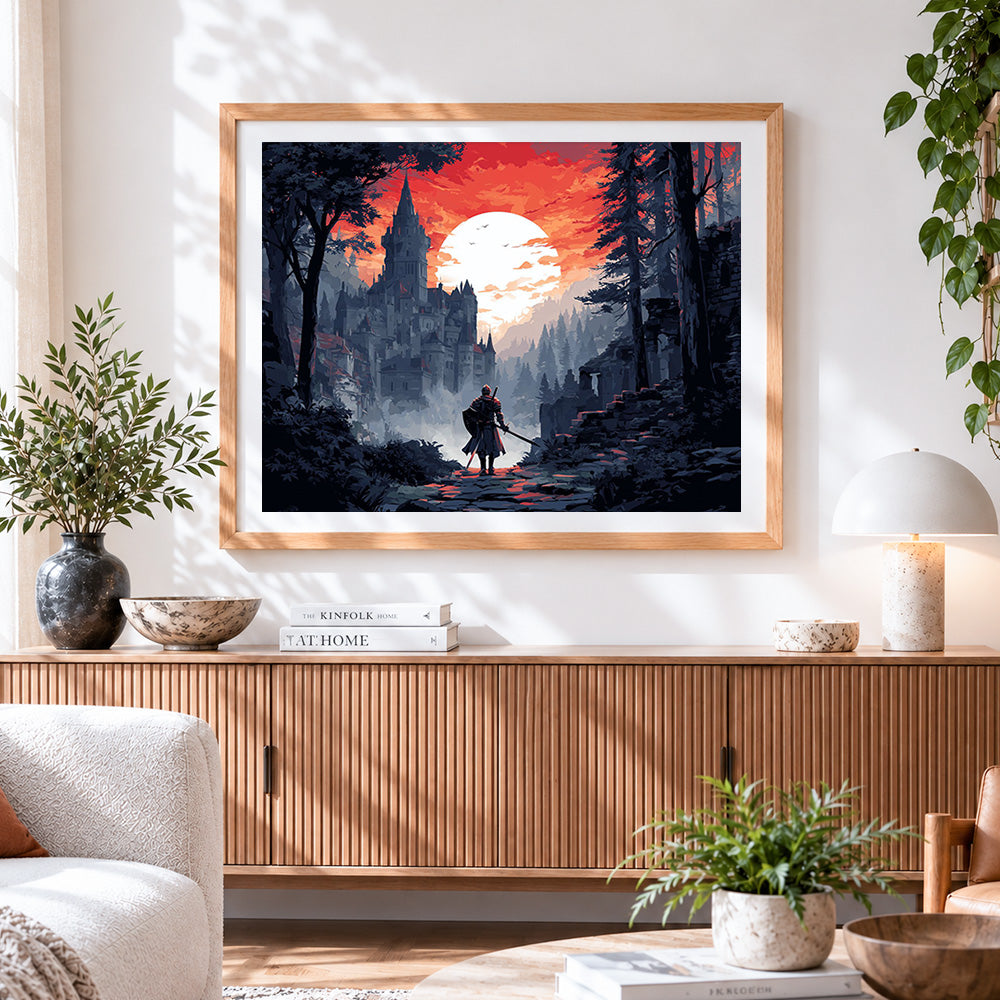 Finished knight facing a majestic castle at sunset paint by numbers artwork displayed as home decor