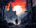 Knight facing a majestic castle at sunset paint by numbers kit for beginners
