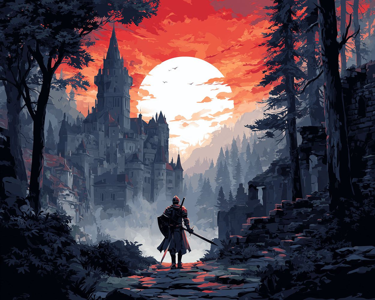 Knight facing a majestic castle at sunset paint by numbers kit for beginners
